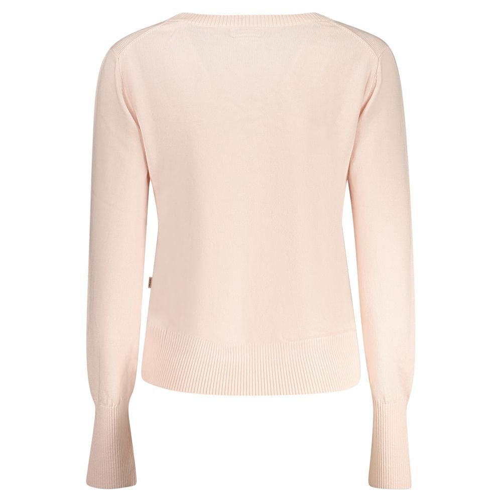 Back view of Guess Jeans Pink Polyester Women Sweater showcasing seamless design and chic style.