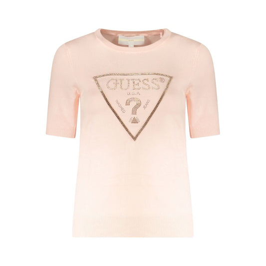 Alt Tag: Guess Jeans Pink Viscose Sweater with rhinestone logo, short sleeves, and contrasting details.