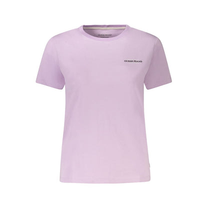 Guess Jeans Purple Cotton Women T-Shirt with crew neck and short sleeves, featuring the iconic Guess logo on a slim fit design.
