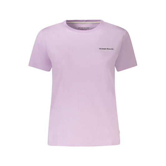 Guess Jeans Purple Cotton Women T-Shirt with crew neck and short sleeves, featuring the iconic Guess logo on a slim fit design.