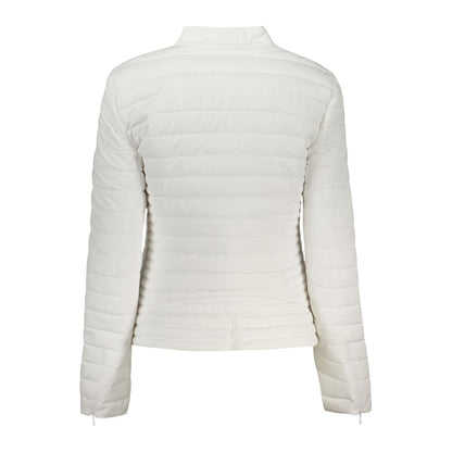 Back view of Guess Jeans White Polyethylene Jackets & Coat, long sleeve with recycled plastic, featuring two external pockets and zip.