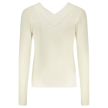 Alt Tag: Guess Jeans White Viscose Sweater with V-neck and contrast details, featuring a stylish logo, perfect for casual and formal wear.