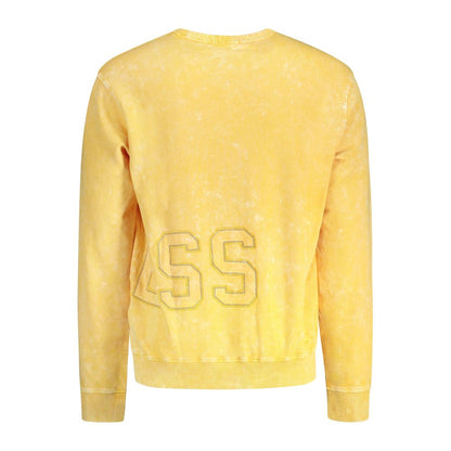 Back view of Guess Jeans Yellow Cotton Men Sweater with iconic logo and washed effect.