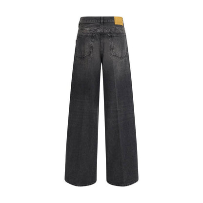 Haikure Black Cotton Relaxed Fit Jeans with baggy wide legs and logoed leather patch, back view for AW25.