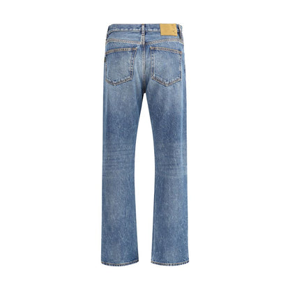 Haikure Blue Cotton Straight-Leg Jeans back view, featuring iconic leather patch and vintage effect. Regular fit five-pocket design for AW25.