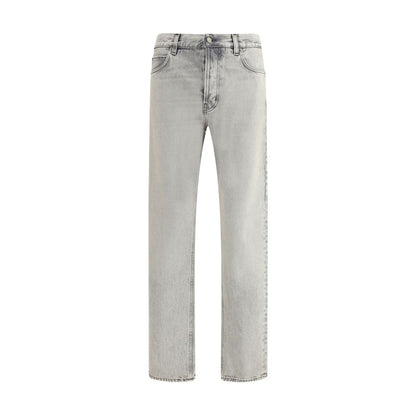 Haikure Light Blue Cotton Straight-Leg Jeans with five-pocket design, rivets, and custom buttons, perfect for any occasion.