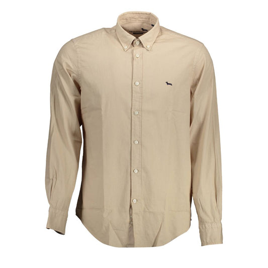 Harmont & Blaine Beige Cotton Men Shirt, long sleeve, button-down collar, elegant design featuring contrast inner cuffs.
