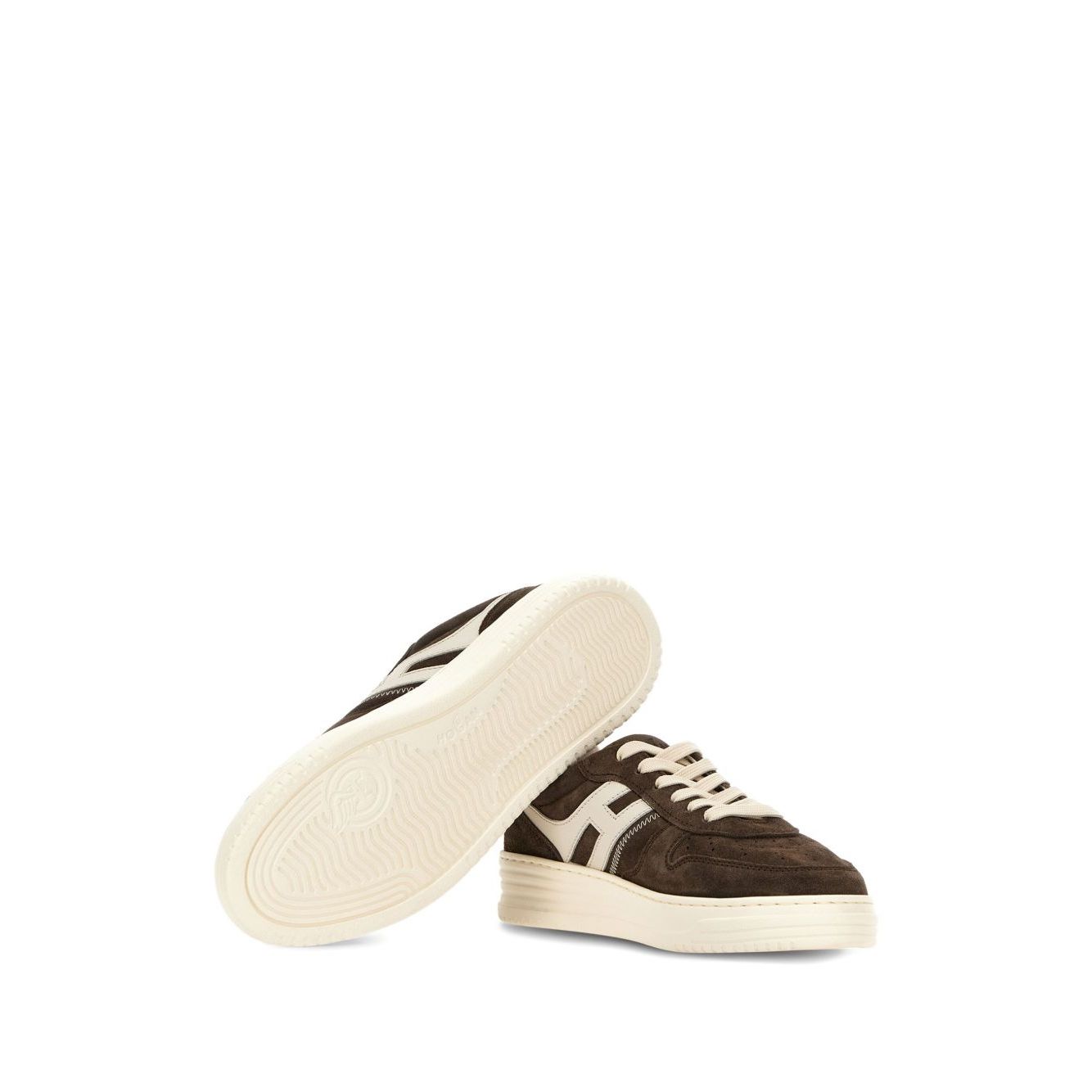 Hogan Pre Sneakers Hogan H630 coffee brown lace-up with logo patch and contrasting heel counter on side view.