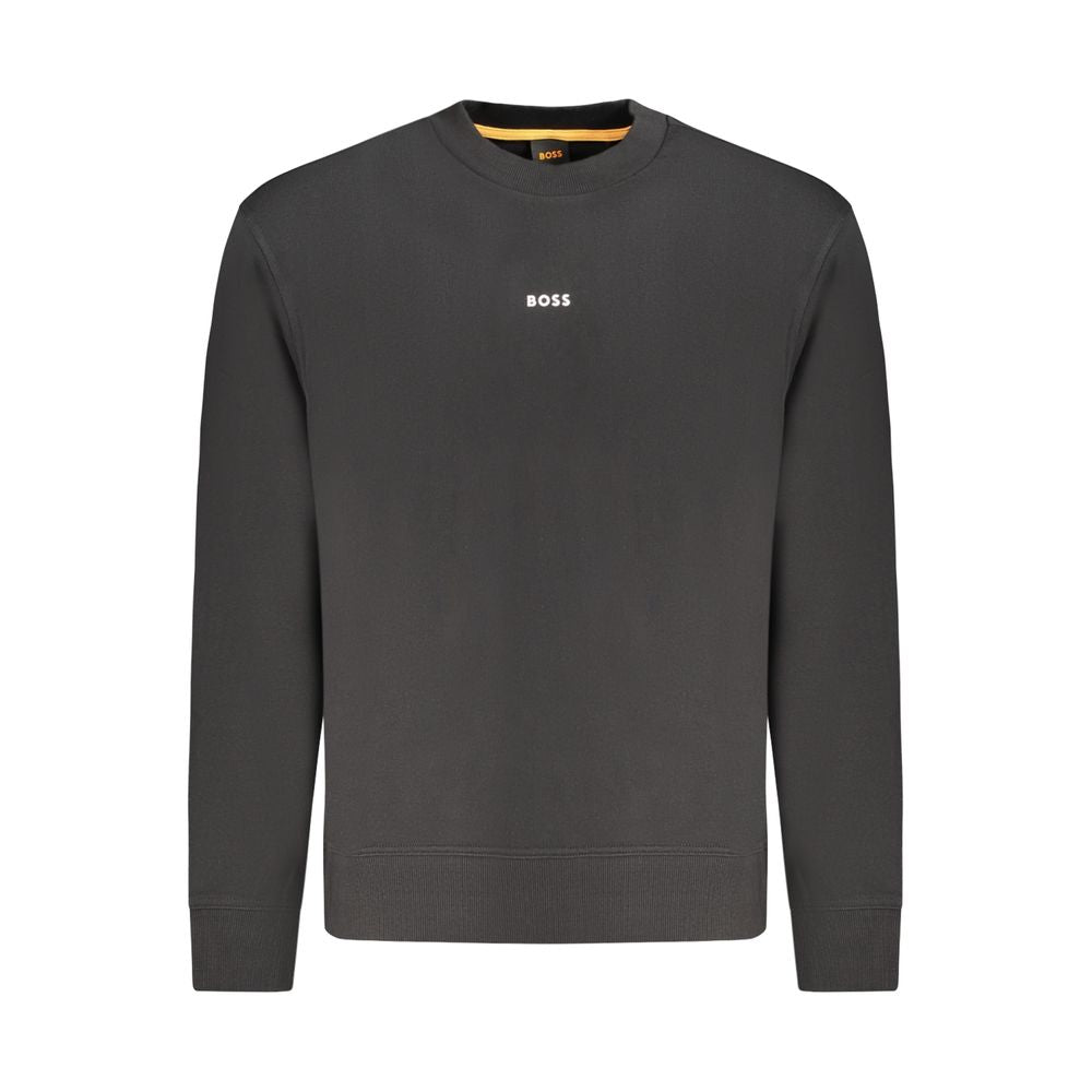 Hugo Boss Black Cotton Men Sweater with logo, crew neck, and long sleeves, perfect for modern style and comfort.