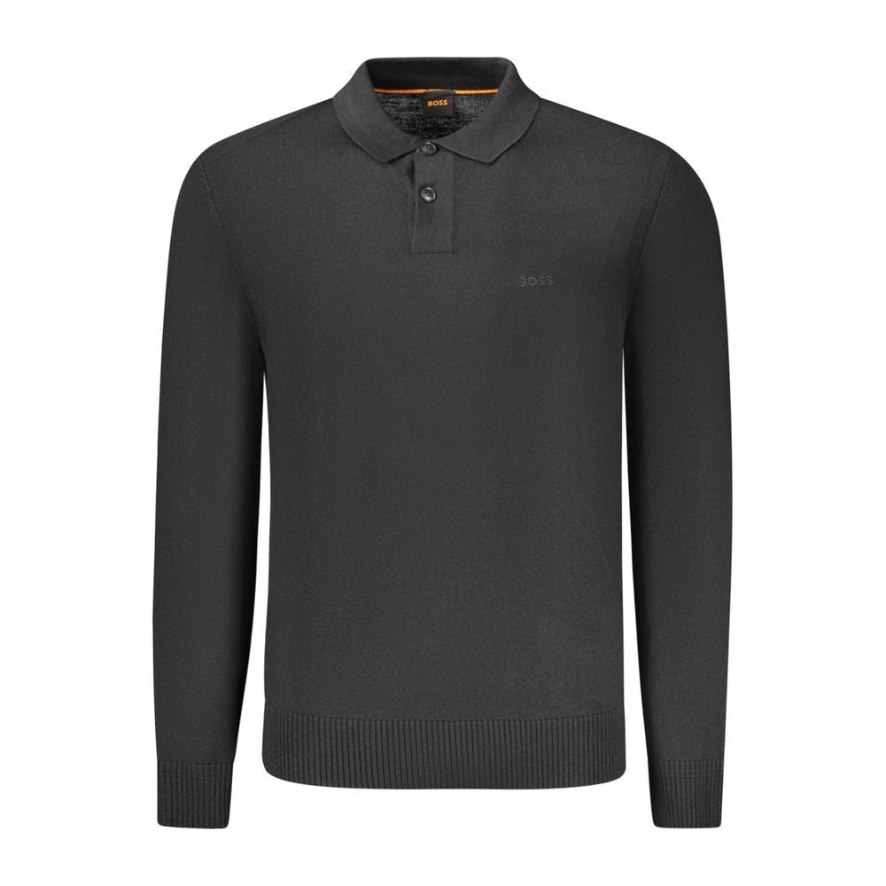 Hugo Boss Black Wool Men Sweater with logo embroidery, long sleeves, and refined design for sophisticated style.