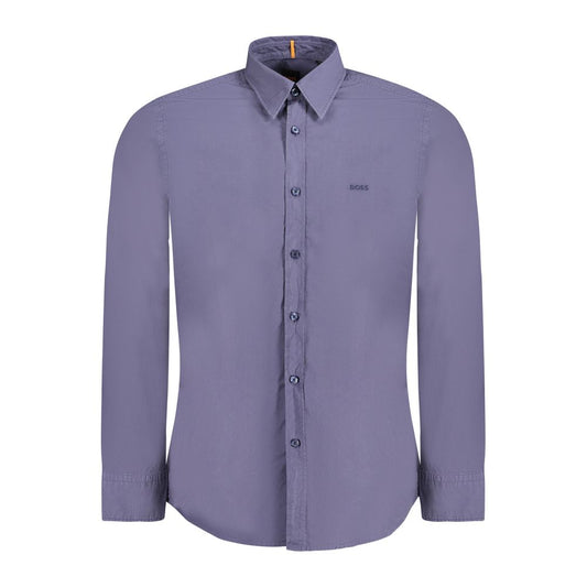 Hugo Boss Blue Cotton Men Shirt with Italian collar and 1-button cuffs, showcasing sleek sophistication and luxurious appeal.