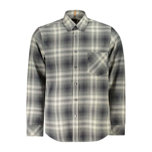 Hugo Boss Green Cotton Shirt - Plaid pattern, long sleeves, button down collar, pocket, logo, eco-friendly recycled cotton, regular fit.