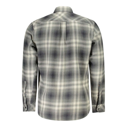 Back view of a Hugo Boss Green Cotton Shirt with a plaid pattern, long sleeves, button down collar, recycled cotton, regular fit.
