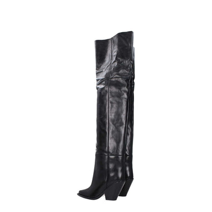 Isabel Marant Black Leather Over The Knee boots featuring high heel, square toe design with leather sole.