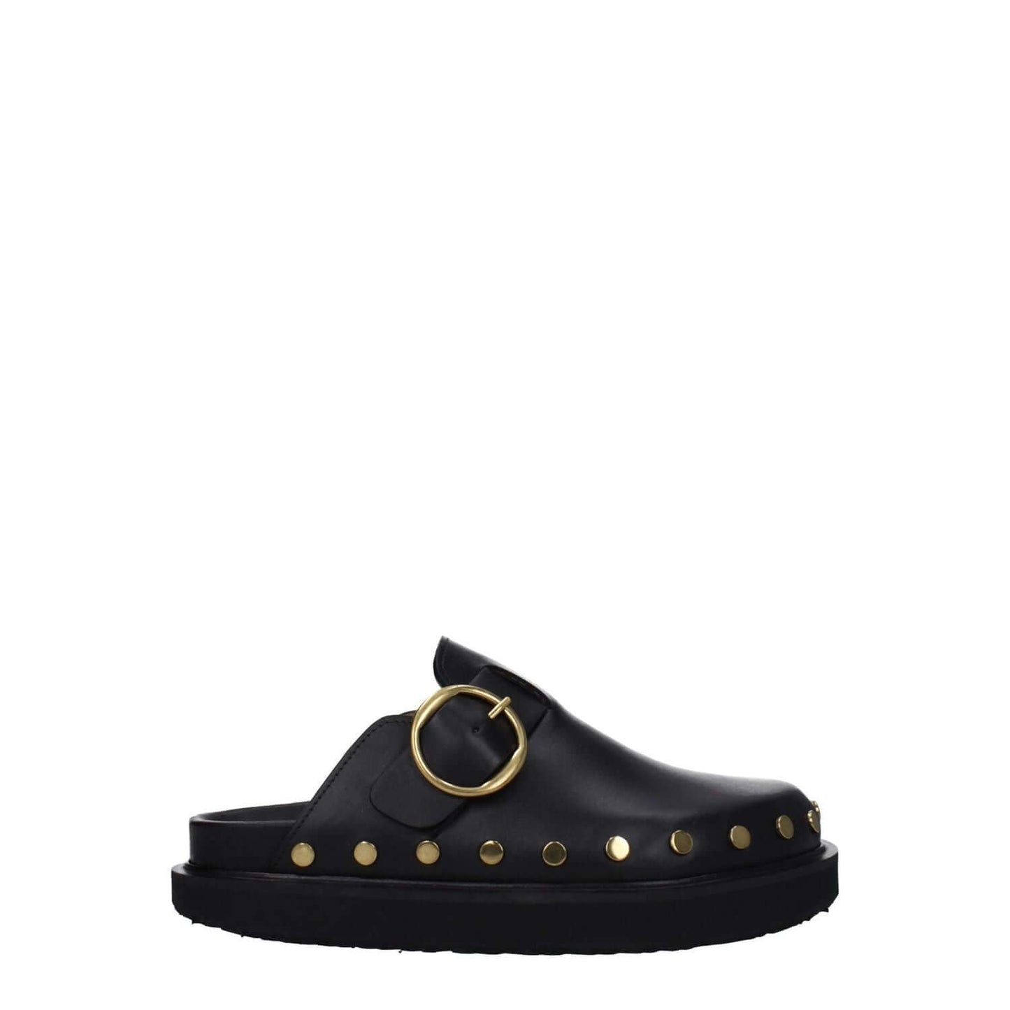 Isabel Marant Black Leather Slippers with studs and buckle closure, vintage style, round toe, rubber sole, low flat heel.