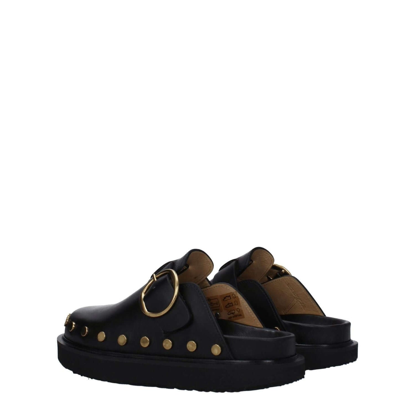 Isabel Marant Black Leather Slippers with gold studs, vintage effect, and buckle closure, featuring a round toe and rubber sole.