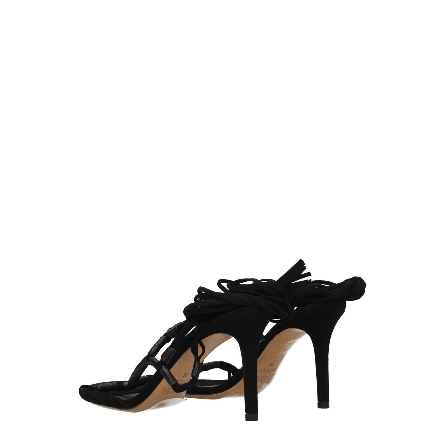 Isabel Marant Black Leather Stiletto Heel Sandals, suede materials, self-tie closure, open toe design, high heel type.