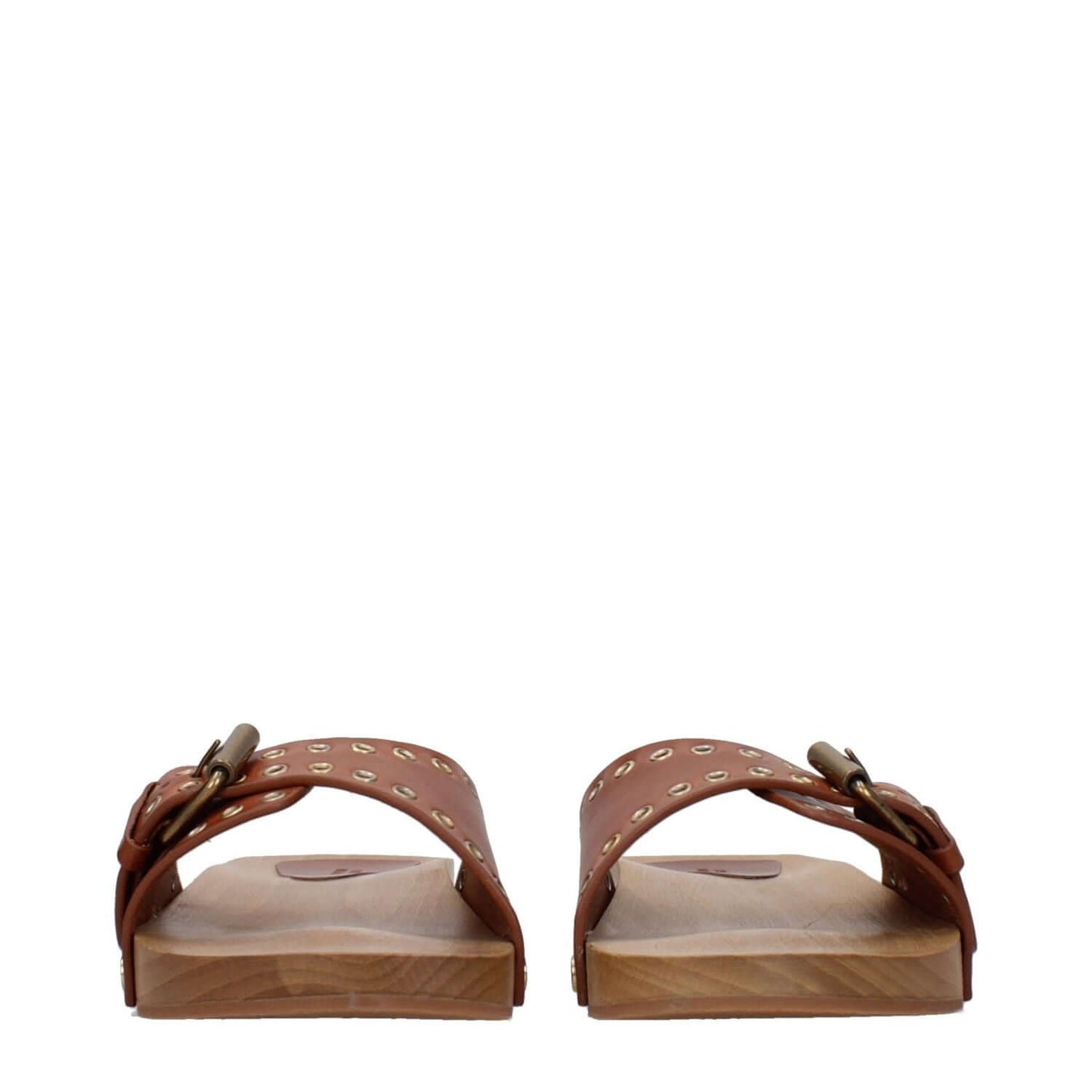 Isabel Marant Brown Leather Slippers with buckle closure, open toe design, and rubber sole. Stylish casual footwear with cognac accents.