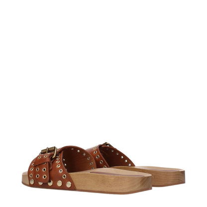 Isabel Marant Brown Leather Slippers with buckle closure, open toe design, and rubber sole.