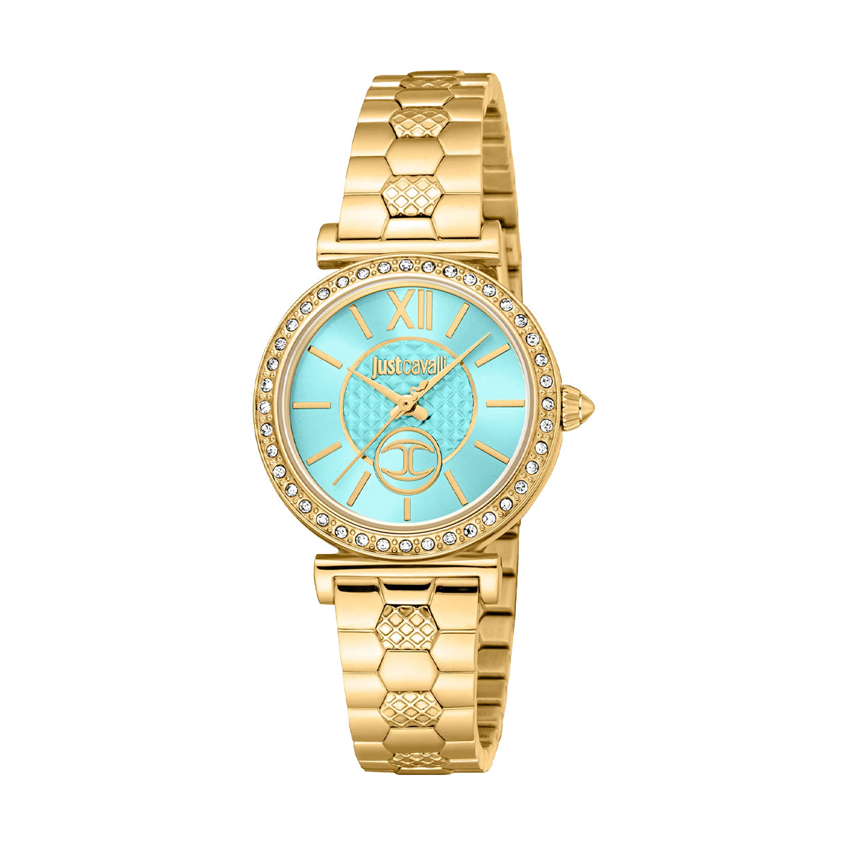JUST CAVALLI TIME WATCHES Mod. JC1L273M0065 gold wristwatch with turquoise dial for ladies, 5 ATM water resistant, Seiko VJ20 movement.
