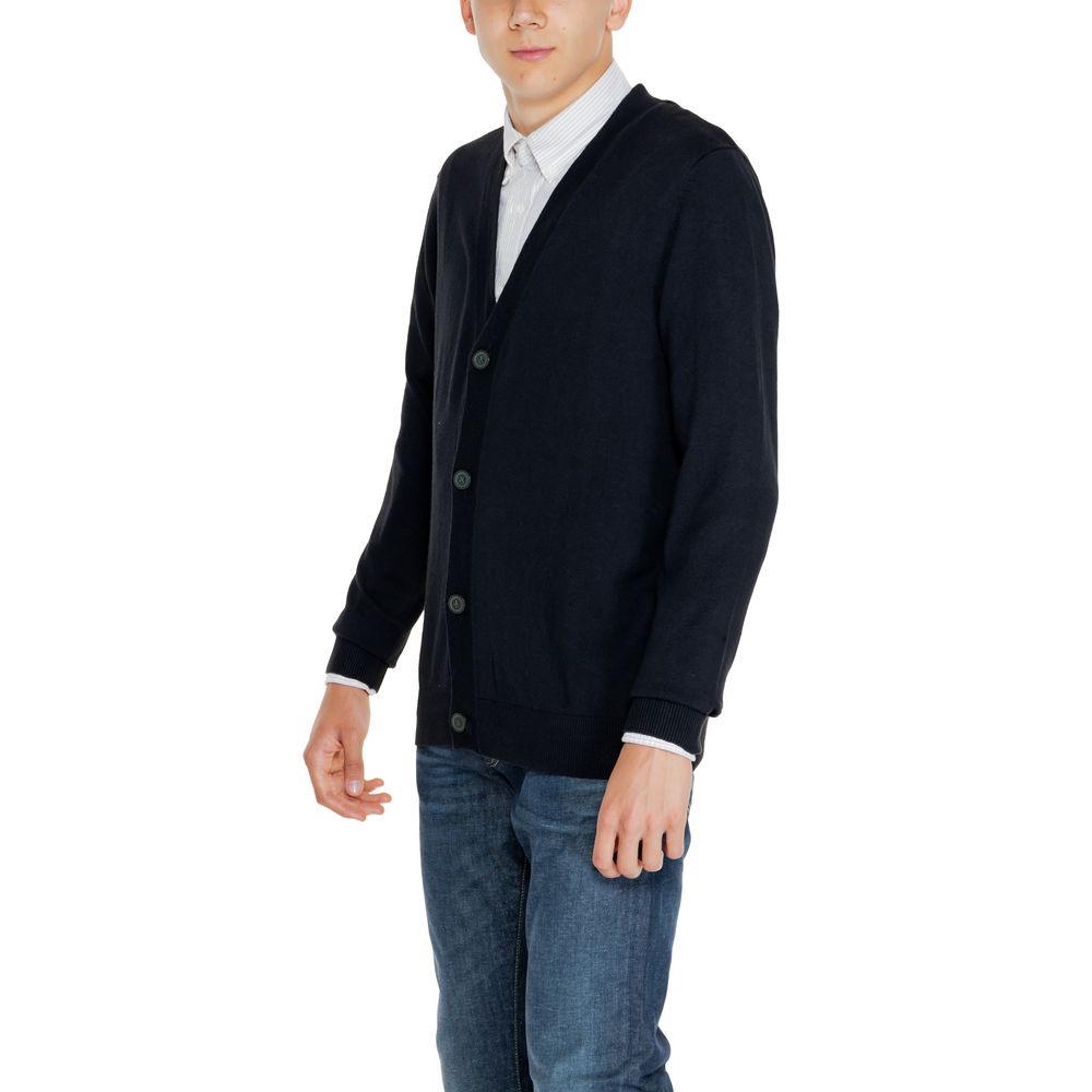 Model wearing Jack Jones Black Cotton Cardigan with V-neck, button-down front, and casual style.