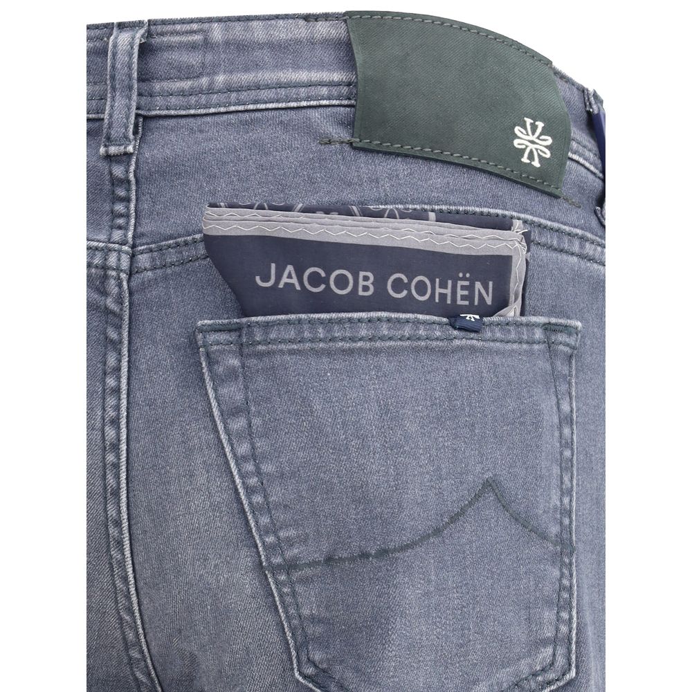 Close-up of Jacob Cohen Gray Cotton Slim Fit Jeans with pocket detail and brand label, showcasing elegant craftsmanship and design.