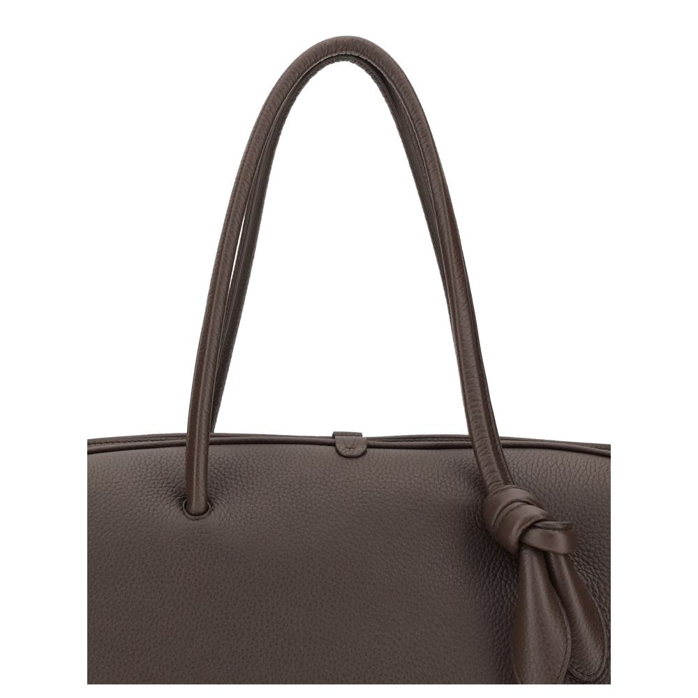 Jacquemus Brown Calf Leather Bos Taurus Handbag with bow detail and grained texture, perfect for weekend travel and fashion-forward style.