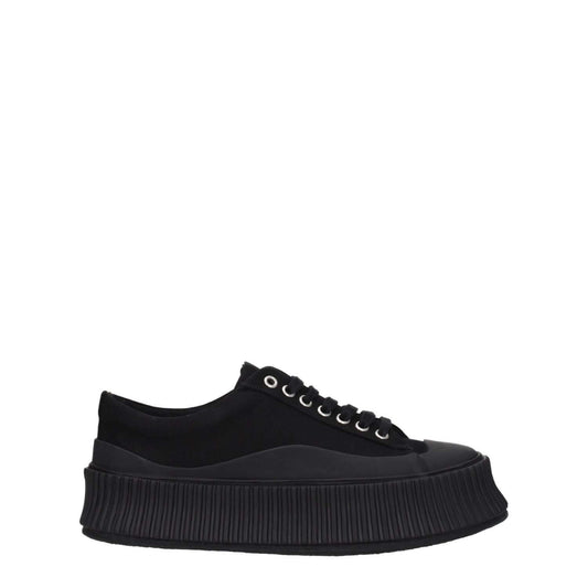 Jil Sander Black Fabric Chunky Sneakers with lace-up closure and square toe design, featuring a 5 cm rubber wedge heel.