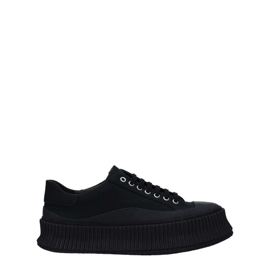 Jil Sander Black Fabric Platform Sneakers with lace-up closure and 4 cm rubber sole, casual style, mid-heel, round toe design.