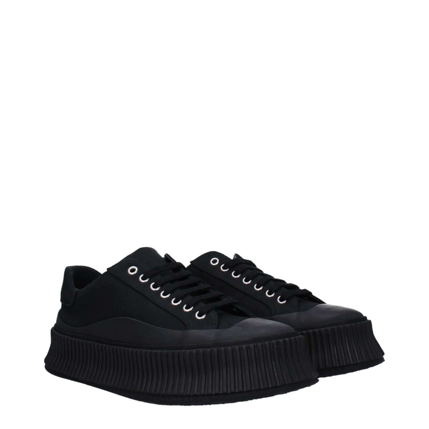 Jil Sander Black Fabric Platform Sneakers with round toe, lace-up closure, and 4 cm rubber sole for a casual style.