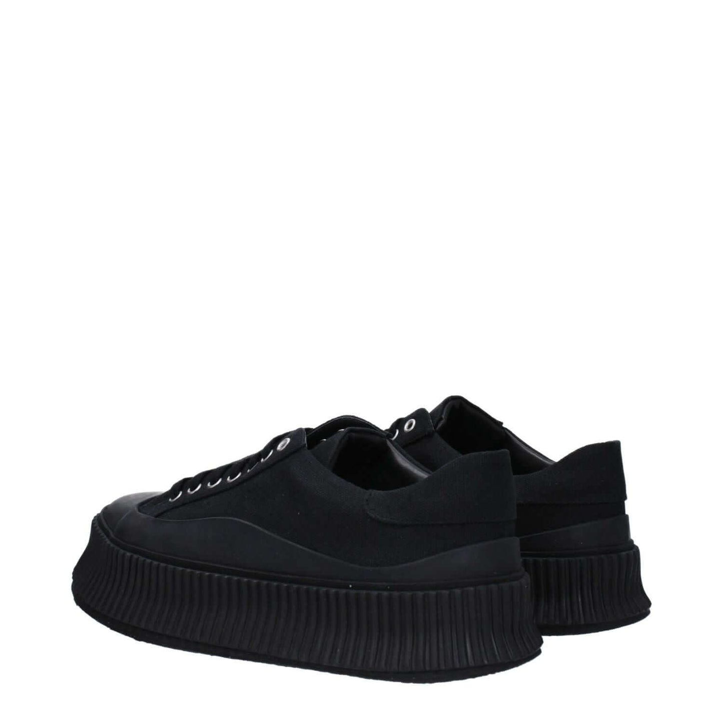 Jil Sander Black Fabric Platform Sneakers with lace-up closure and rubber sole, side view.