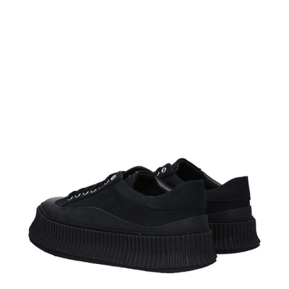 Jil Sander Black Fabric Platform Sneakers with lace-up closure and rubber sole, side view.