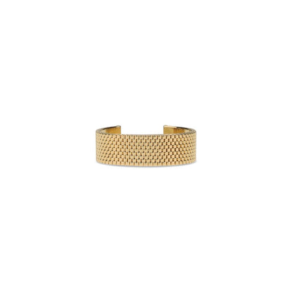 Alt Tag: Jil Sander Gold Brass Bracelet with mesh texture and engraved logo, minimalist design for AW25. 100% brass.