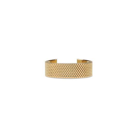 Jil Sander Gold Brass Bracelet with mesh texture, showing minimalist design for AW25 season, made from 100% brass with brand logo inside.