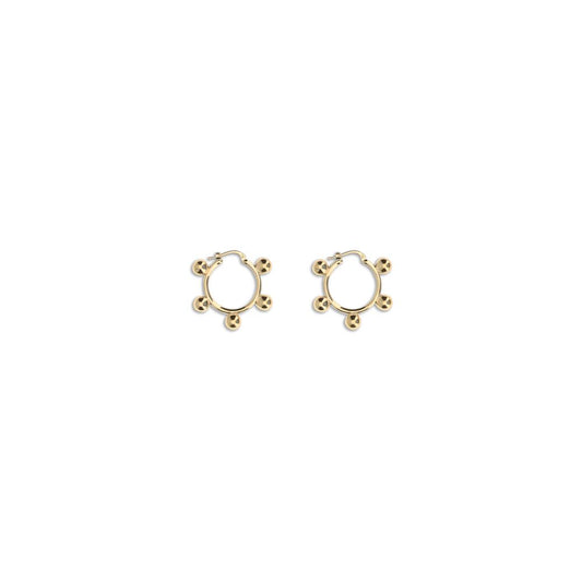 Jil Sander Gold Brass Earrings with silver tone, hoop design, featuring snap closure and engraved logo, nickel-tested and antioxidant-treated.