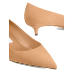 Close-up of Jimmy Choo Amelia suede pumps in toffee color, featuring a pointed toe, low-cut vamp, and kitten heel.