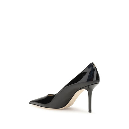 Jimmy Choo Black Calf Leather Bos Taurus High Heel Pumps with almond toe and stiletto heel, showcasing timeless elegance.