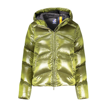 K-WAY Green Polyamide Women Jacket with hood and iconic logo, durable and stylish, perfect for all-weather conditions.