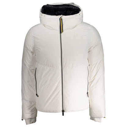 K-WAY White Polyester Men Jacket with branded details and practical pockets, perfect for stylish warmth and comfort.