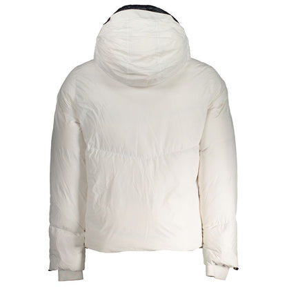 K-WAY White Polyester Men Jacket with hood, showcasing the back view, elegant design with thermo soft touch for warmth and comfort.