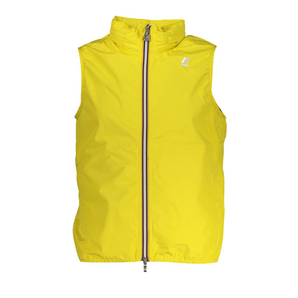 K-WAY Yellow Polyester Men Jacket with removable zip hood showcasing bold sleeveless style and iconic logo for fashion-forward functionality.