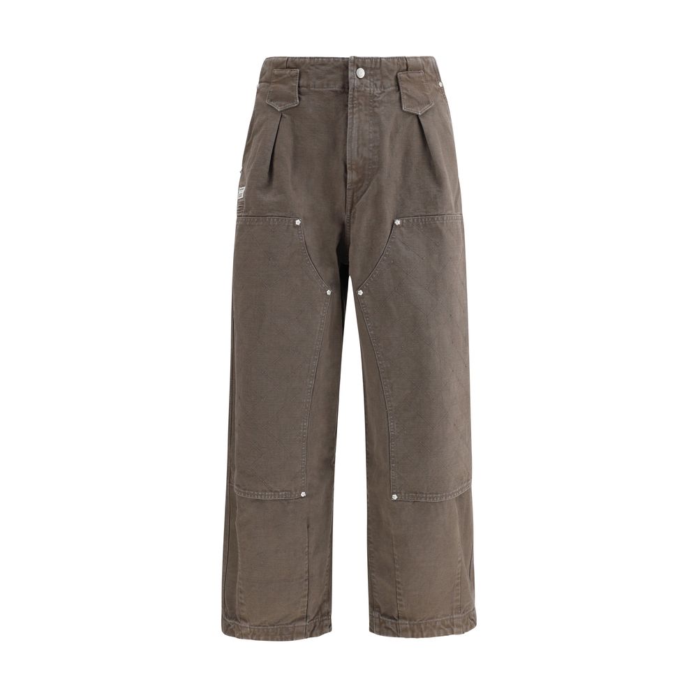 Kenzo Brown Cotton Casual Pants with double knee design and Kenzo Weave stitching, featuring front button, zipper closure, and multiple pockets.