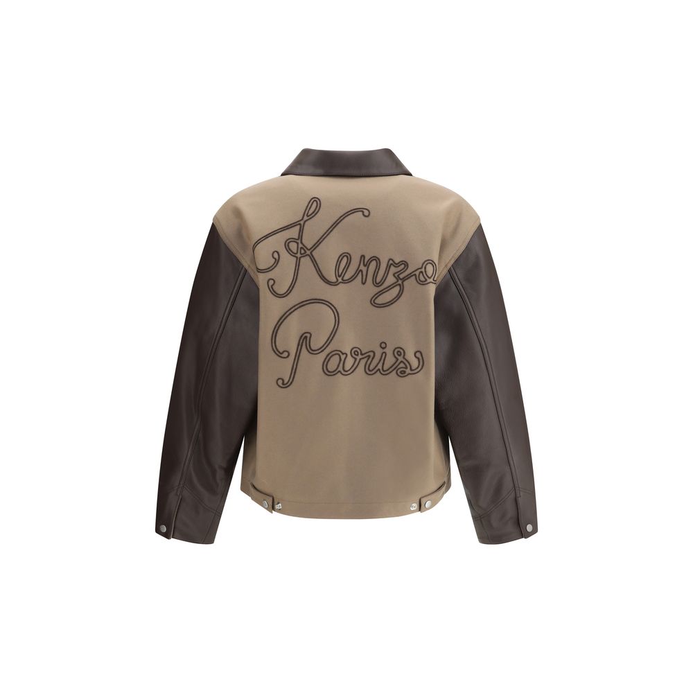 Back view of Kenzo Brown Leather Jacket with embroidered Kenzo Paris logo, wool and leather mix, AW25 season, regular fit, sophisticated design.