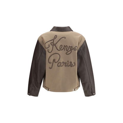 Back view of Kenzo Brown Leather Jacket with embroidered Kenzo Paris logo, wool and leather mix, AW25 season, regular fit, sophisticated design.