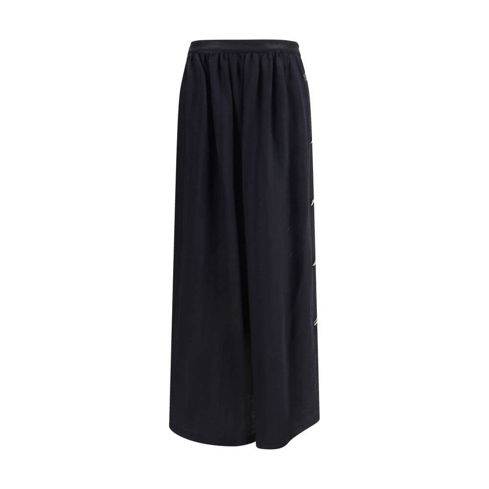 Kristina Ti Black Fleece Wool Long Skirt with golden button detail, elegant semi-wheeled design, perfect for AW25 fashion.