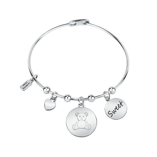 LA PETITE STORY JEWELRY Mod. LPS05ASF28 silver bracelet with charms including a teddy bear, heart, and 'Sweet' engraving.