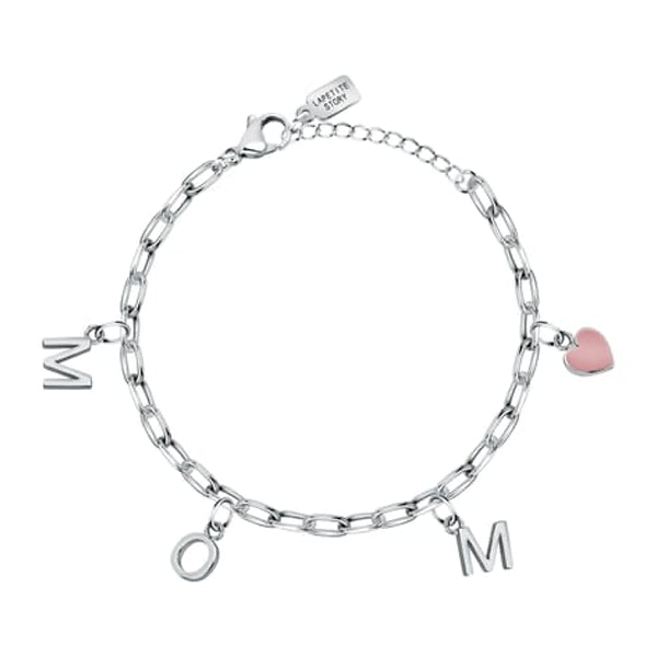 Silver bracelet with charms spelling MOM and pink heart, LA PETITE STORY JEWELRY Mod. LPS05ASF56