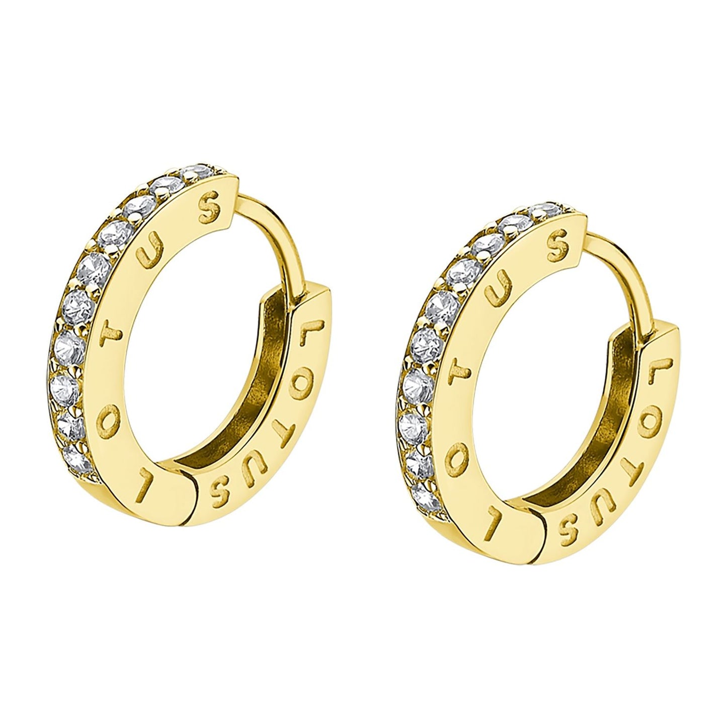 Elegant gold and diamond hoop earrings by LOTUS JEWELS JEWELRY Mod. LP1887-4/4 with engraved "LOTUS" text.