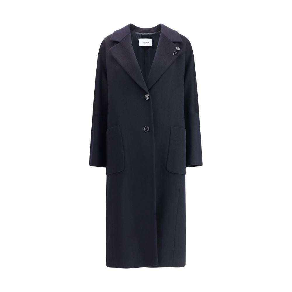 Lardini Black Cashmere Coat with wide classic lapel, front button closure, and patch pockets for a sophisticated, modern look.