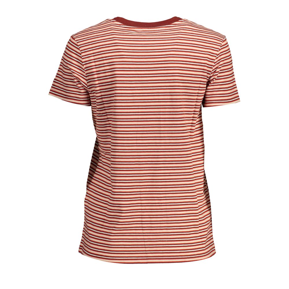 Levi's Red Cotton Women T-Shirt with stripes, short sleeves, and round neck, showcasing Levi's classic style for casual wear.